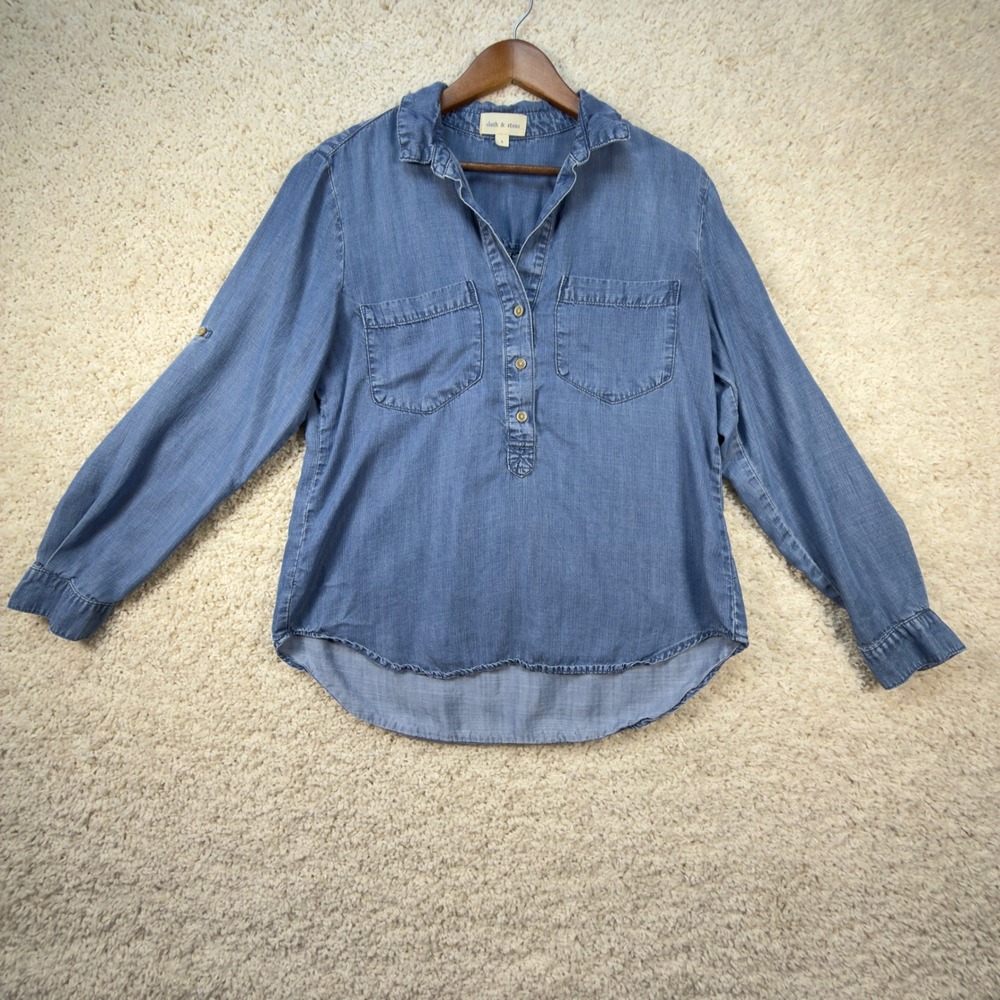 Cloth & Stone Chambray Top Womens Large L Blue Tencel Roll Tab Sleeve Boho